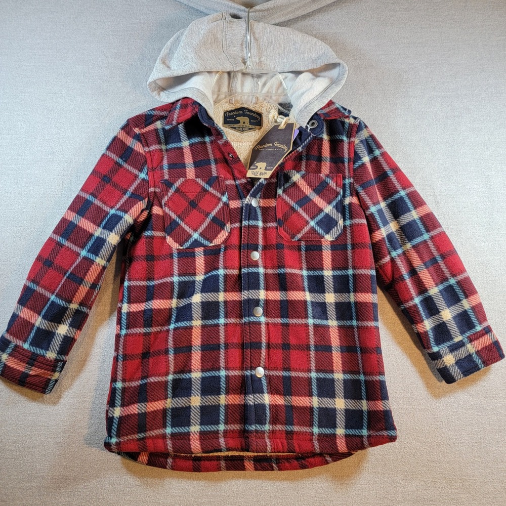 Freedom Foundry Hooded Flannel Kids XS 5/6 Red New Sherpa Lined Plaid Shacket
